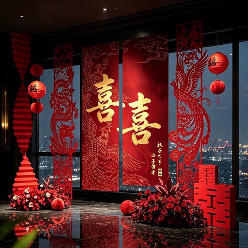 中式婚房氛围感龙凤剪纸条幅套装