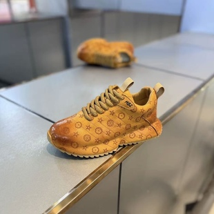 加绒保暖防滑软底休闲男鞋 欧洲站潮流印花皮面包底老爹鞋 秋冬新款