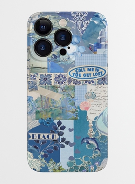蓝色拼贴插画iPhone15promax手机壳2024新款菲林苹果14pro+时尚ins风13艺术小众不撞款12适用11全包边p70软壳