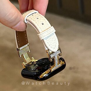 荔枝纹H扣镶钻拼皮质苹果手表表带适用于Apple Watch10iwatch11S9