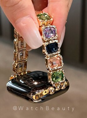 方块玻璃钻金属弹力绳苹果手表表带适用于AppleWatch10iwatch11S9