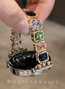 适用华为方块玻璃钻金属弹力绳手表表带watch4watch5GT4GT5GT6pro
