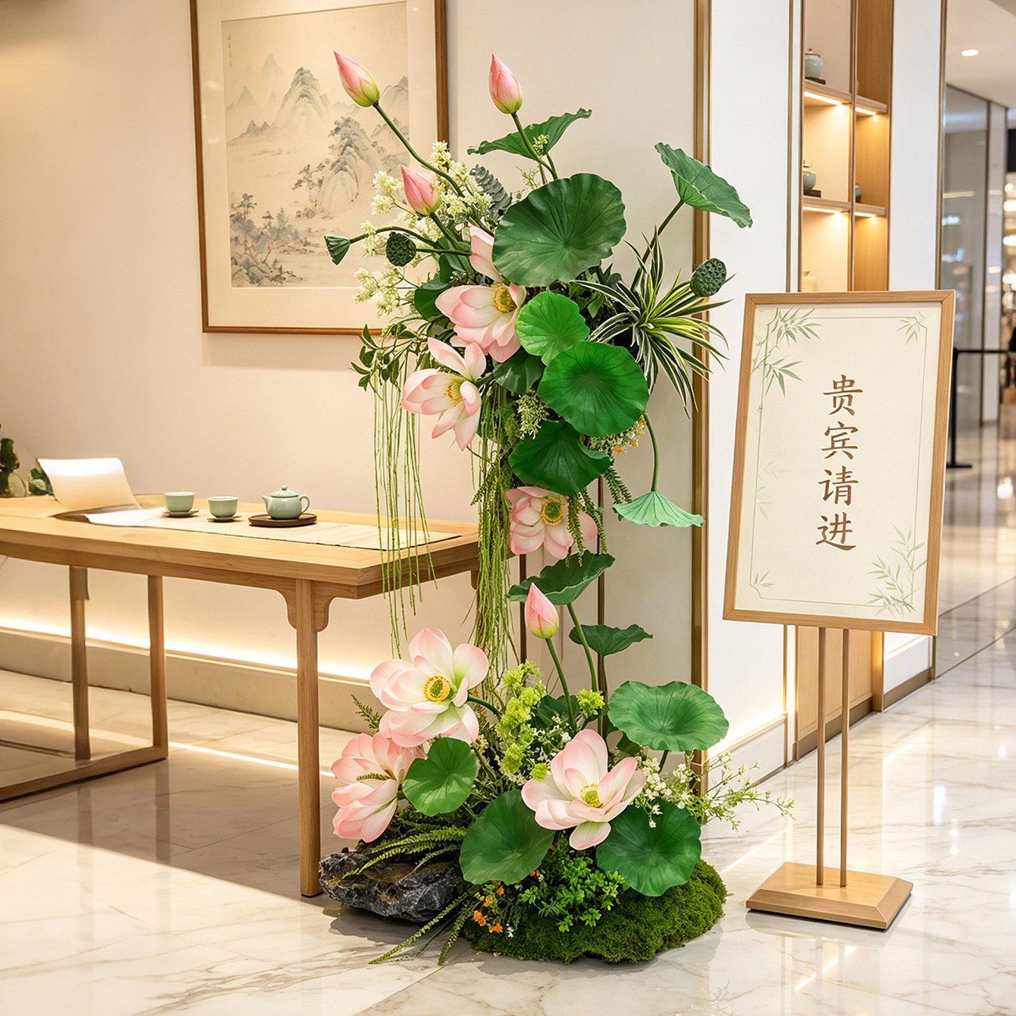 茶室仿真荷花荷叶造景绿植装饰图片