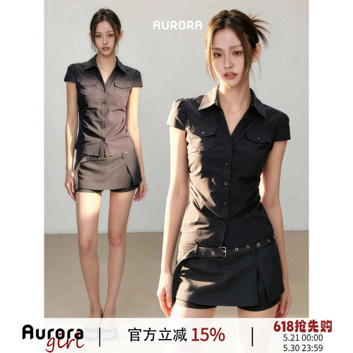 Aurora girl 黑色掐腰设计感短袖衬衫女夏季收腰显瘦衬衣气质上衣