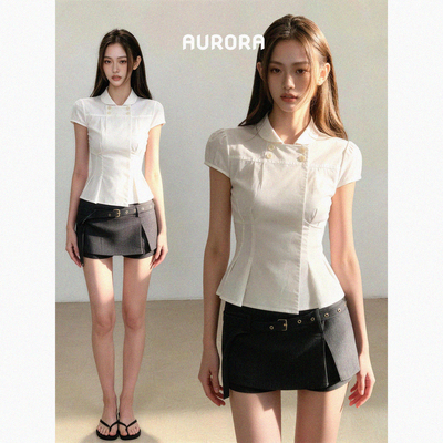 Aurora girl白色娃娃领衬衫女夏季短袖侧边抽褶收腰衬衣显瘦上衣