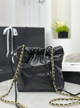 真皮菱格垃圾袋包女链条单肩斜跨抽绳托特包
