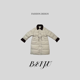 收腰90白鸭绒外套3735 撞色翻领羽绒服女中长款 BEIJU 冬庭信步