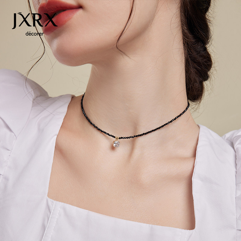 JXRX黑色水晶方糖项链女轻奢小众锁骨链颈链钻石吊坠2025新款爆款