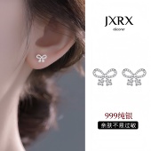JXRXs999纯银蝴蝶结耳钉女设计感小众养耳洞耳环独特漂亮足银耳饰