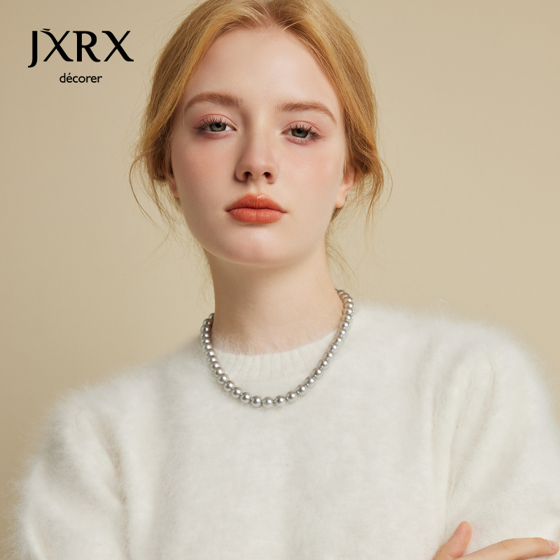 JXRX灰色施家珍珠项链女毛衣链大气高档高级感锁骨链秋冬脖子配饰