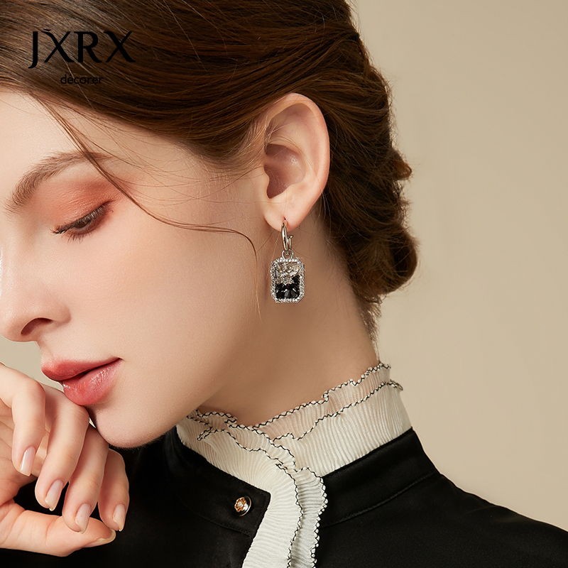 JXRX黑色水晶耳环女高级感小众