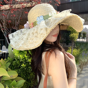 甜美蝴蝶结花朵拉菲草帽女夏季 法式 海边度假风沙滩帽遮阳防晒帽子