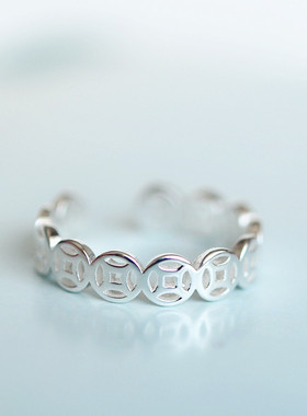 s925纯银开口戒指 光面铜钱串钱戒指 韩国纯银饰品