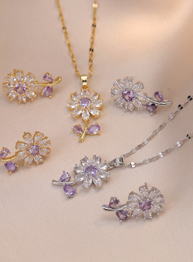 项链女 满锆花朵时尚气质锆石锁骨链小巧ins网红复古套装钛钢项链