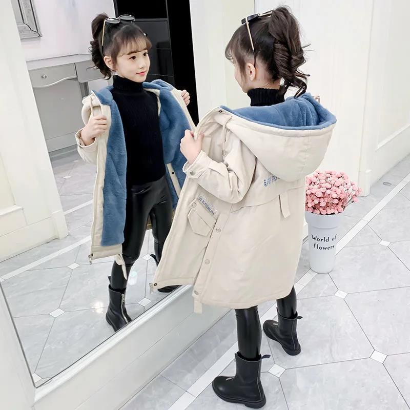 女童秋冬装2021新款韩版童装加绒外套中大童儿童中长款派克服棉服
