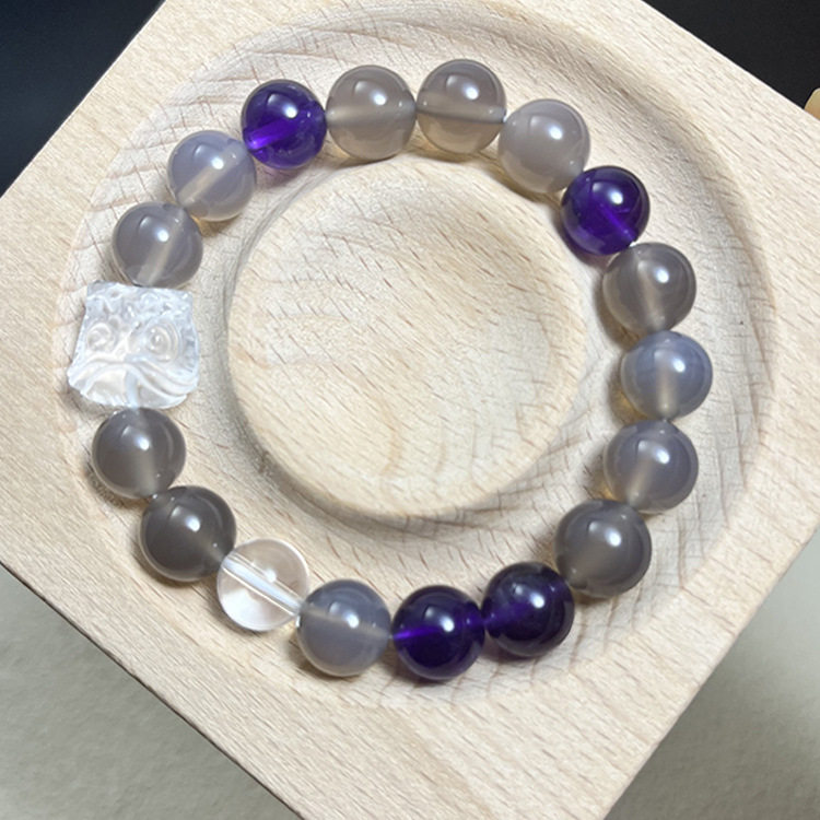 天然灰玛瑙手链文艺复古白水晶醒狮情侣款手串搭配猫眼石饰品手链