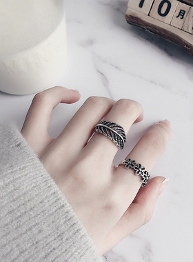 纯银日韩潮人学生个性戒指创意开口复古泰银清新树叶指环男女