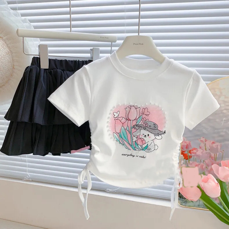 女宝宝抽绳半袖上衣23夏季新款女童重工珍珠爱心甜美卡通短袖T恤