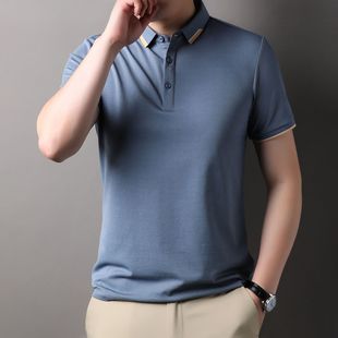 男士 t恤休闲薄款 桑蚕丝夏季 短袖 饰透气T恤 简约拼色polo衫 翻领装