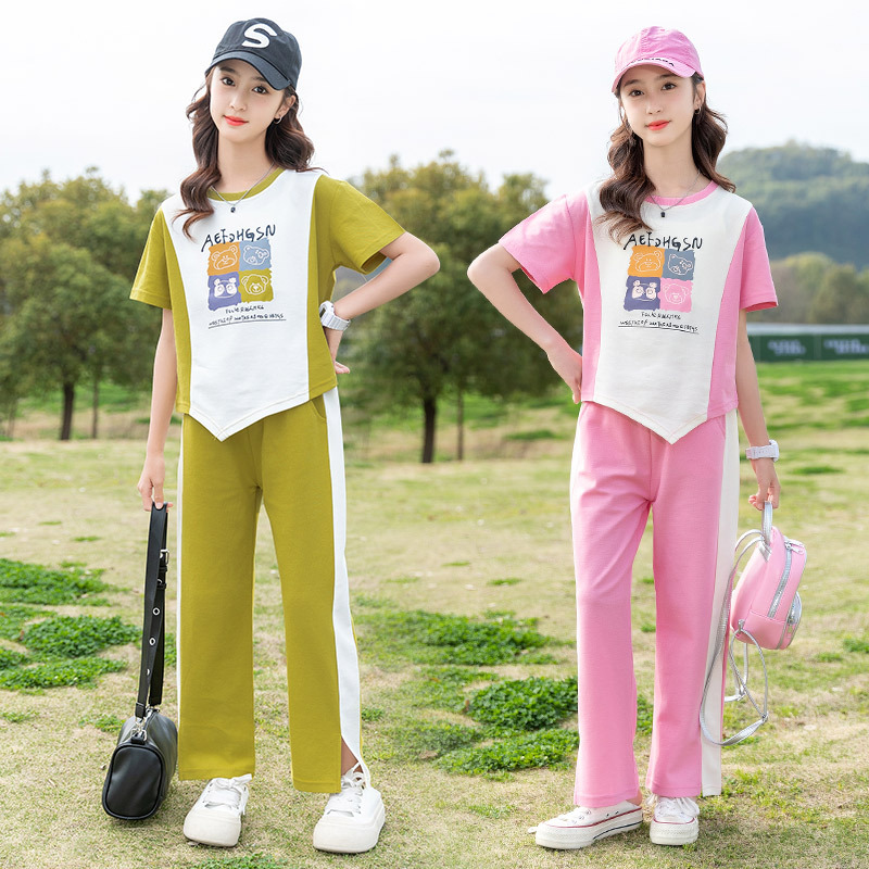 2025年运动女中大童套装运动两件套双色可选卡通针织T恤一件时尚