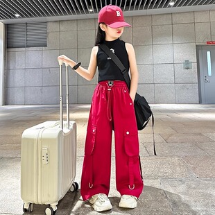 女童红色工装裤夏季薄款速干美式裤子 高腰爵士舞裤子酷飒风童裤