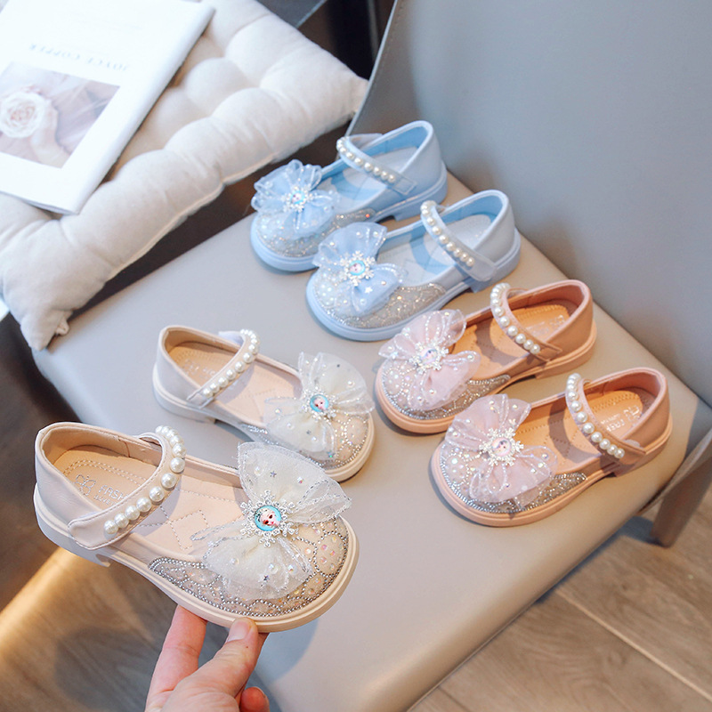 女童皮鞋水钻时尚公主鞋2024新款蝴蝶结儿童演出鞋软底女孩水晶鞋