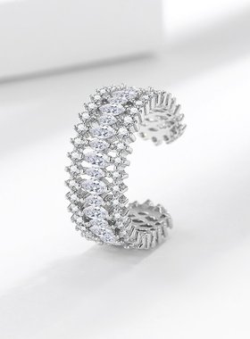 跨境欧美风铜微镶锆石戒指排钻开口戒手饰ring外贸出口小饰品