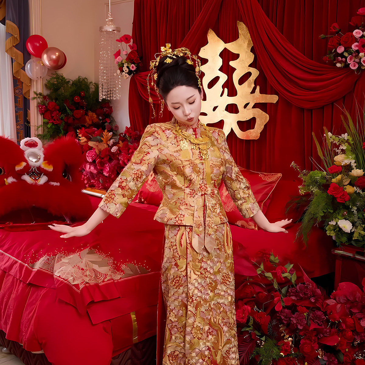 结婚布置婚房装饰套装酒店女方卧室新中式床头背景墙红蓝绒布拍照