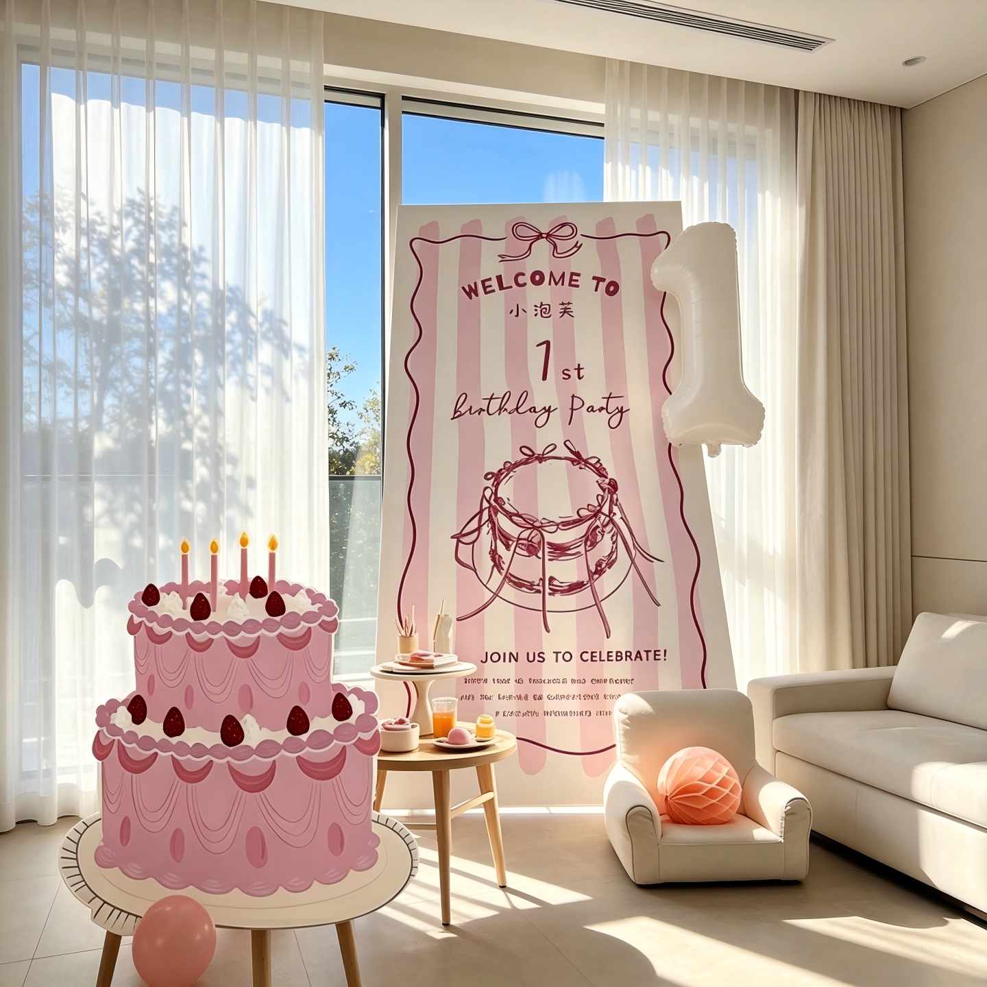三岁女孩生日布置1-3岁装饰场景饭店包厢宝宝两周岁粉色拍照氛围