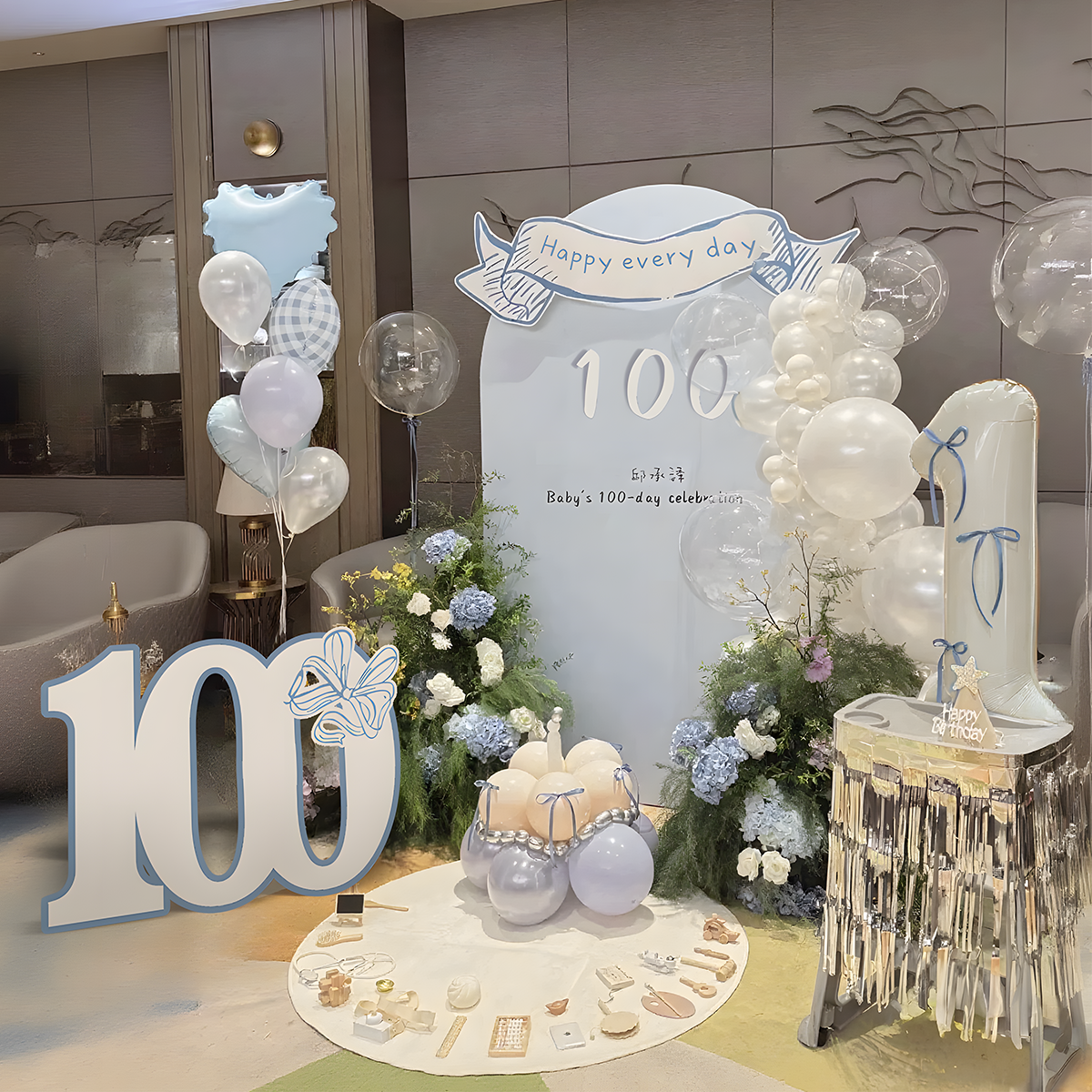 蓝色系周岁生日气球KT板布置