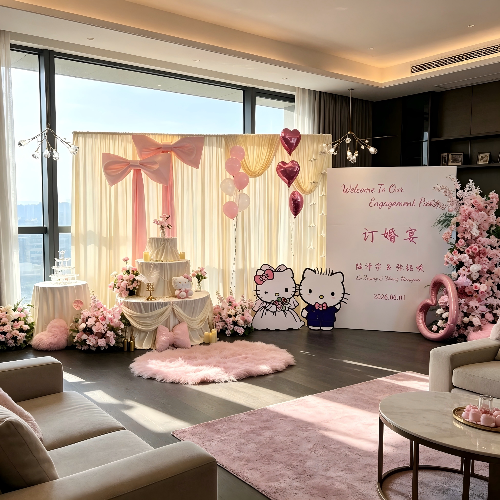 hellokitty订婚布置粉色系氛围场景气球装饰kt猫摆件全套婚宴桌面