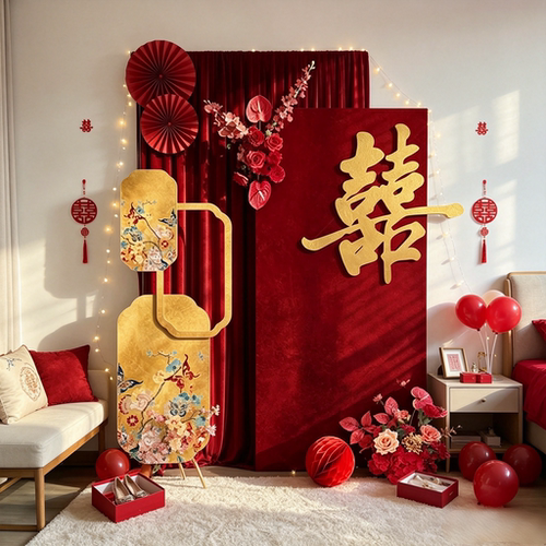 氛围感布幔布置结婚房装饰女方客厅卧室晨袍拍照kt板迎宾牌背景墙