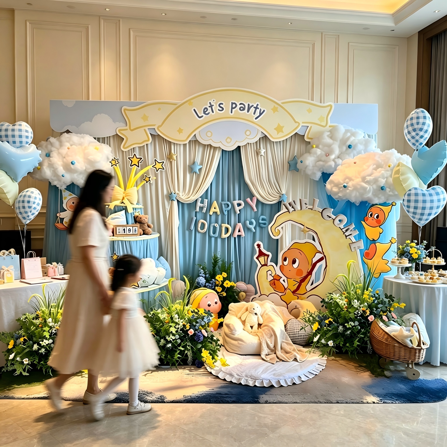 宝宝一周岁生日布置星星人布幔挂布仪式感气球仿真花全套宴会kt板