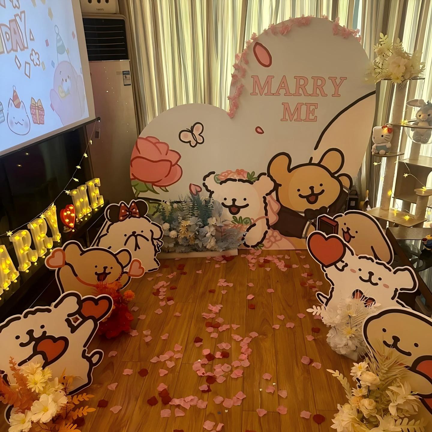 七夕氛围线条小狗求婚布置表白告白氛围感浪漫风kt板惊喜拍照区