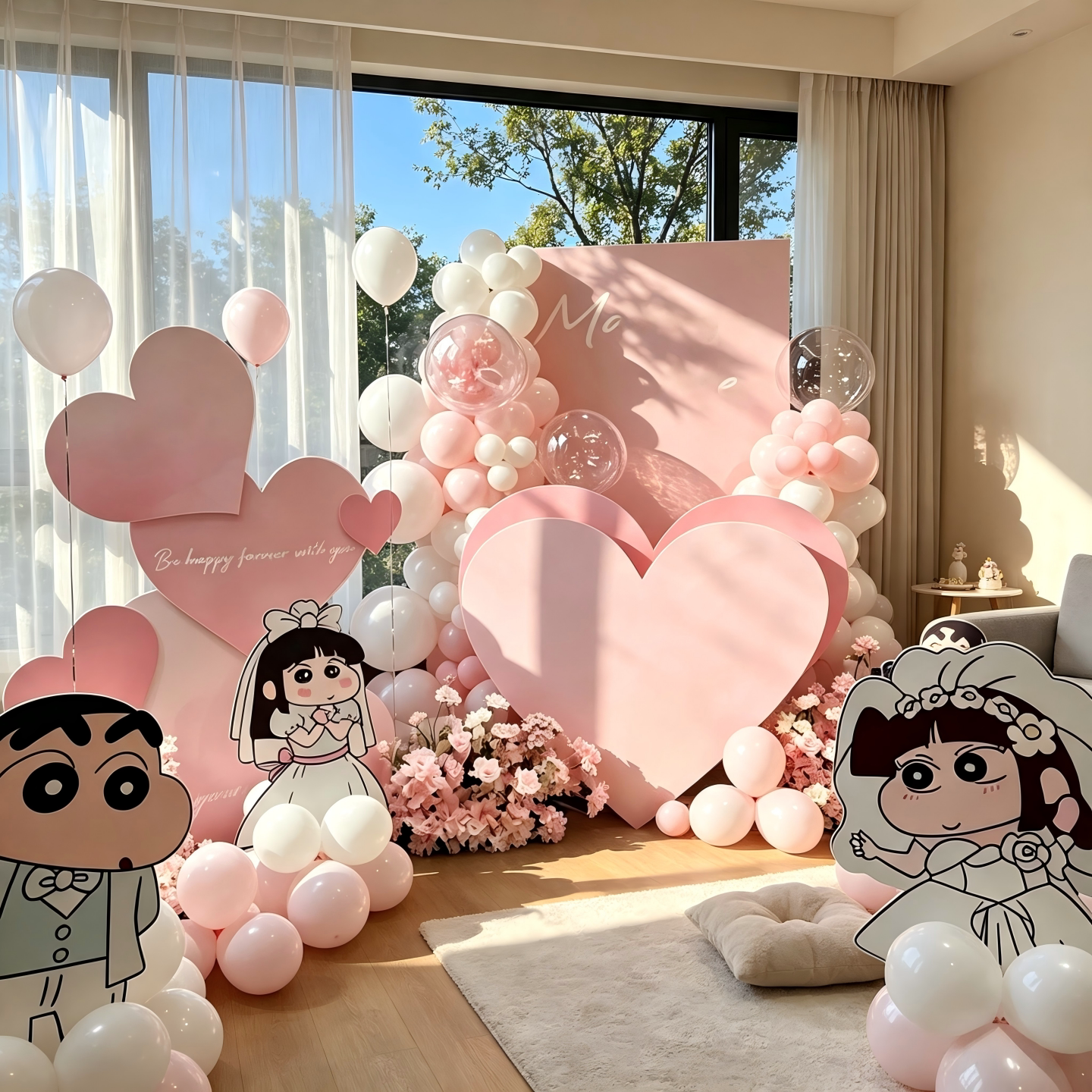 蜡笔小新求婚布置室内场景粉色表白卧室可爱风告白情人节浪漫氛围