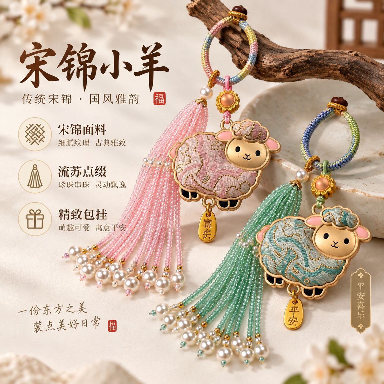 宋锦小羊本命年祈福流苏香包挂件