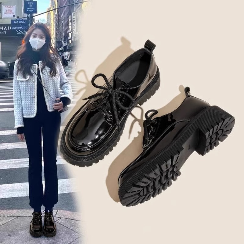 赫本风真皮厚底圆头系带小皮鞋女2025春季新款粗跟单鞋松糕乐福鞋