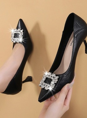 真皮黑色单鞋女2025春季新款百搭方扣尖头浅口细跟休闲高跟鞋女鞋
