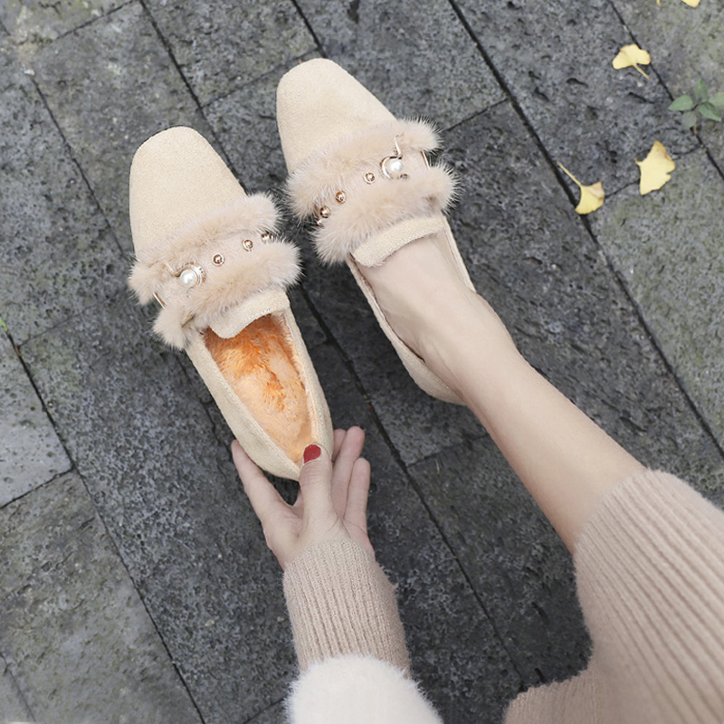 潮牌水貂毛毛单鞋女冬季外穿加绒冬鞋2024新款中跟粗跟高跟豆豆鞋