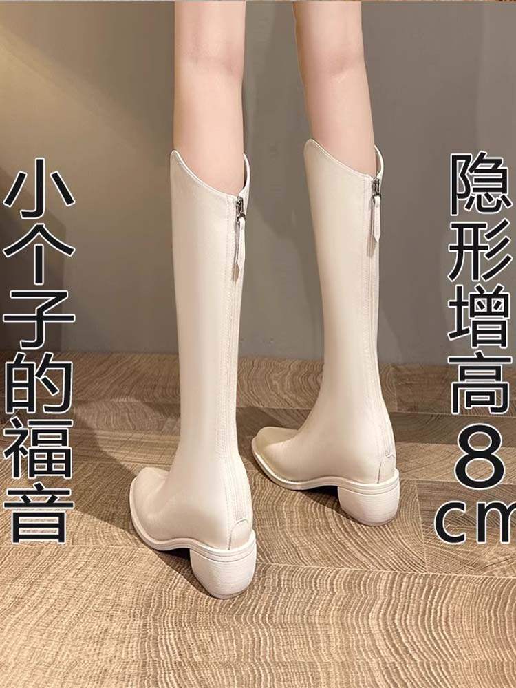 V口真皮长筒靴女款2025秋冬新款内增高尖头骑士靴粗跟西部牛仔靴