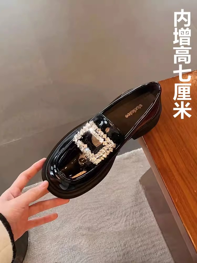真皮厚底乐福鞋女款2025年春季新款水钻方扣内增高英伦粗跟小皮鞋