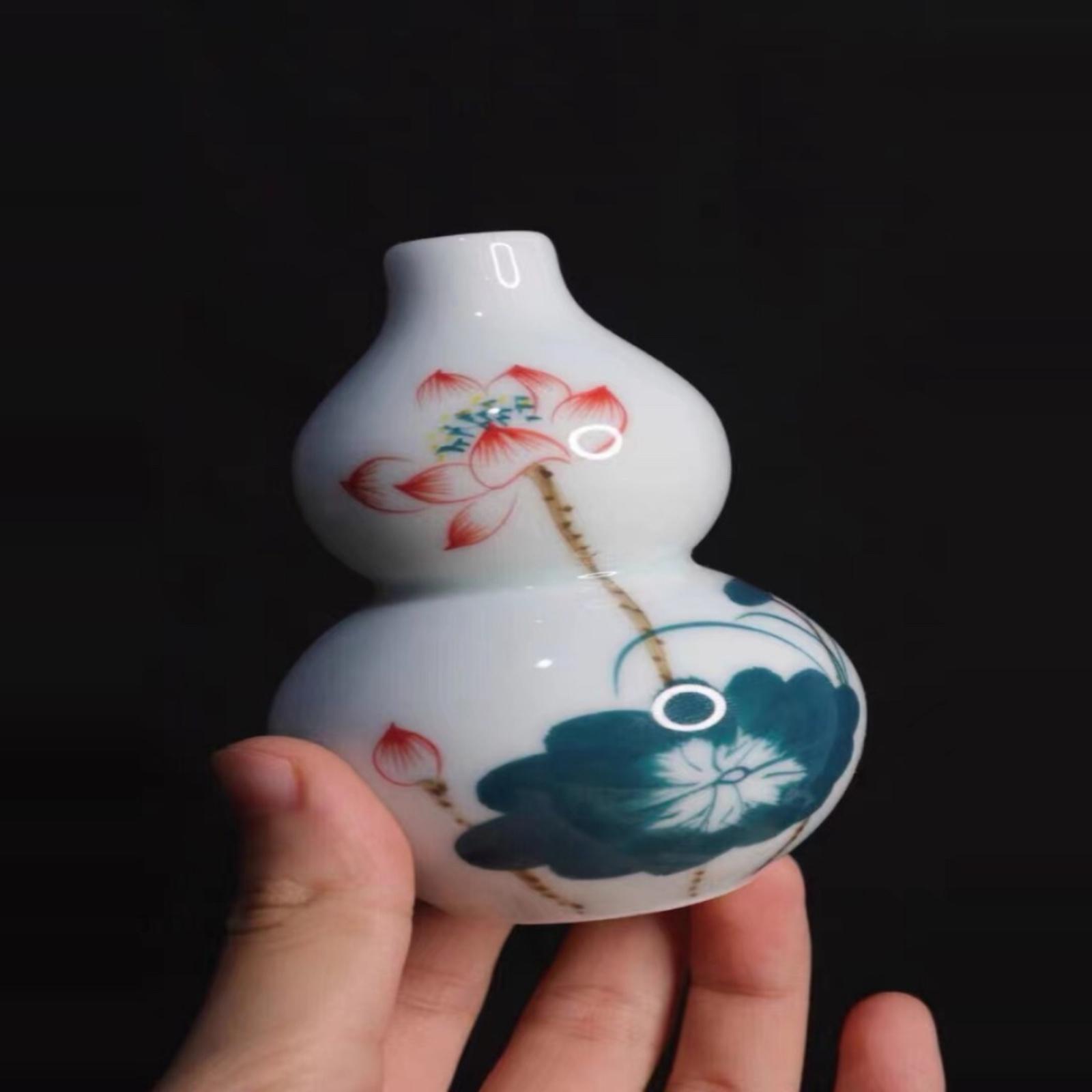 白瓷手绘荷叶小葫芦家居摆件插花博古架茶台书桌中式花瓶干花花器
