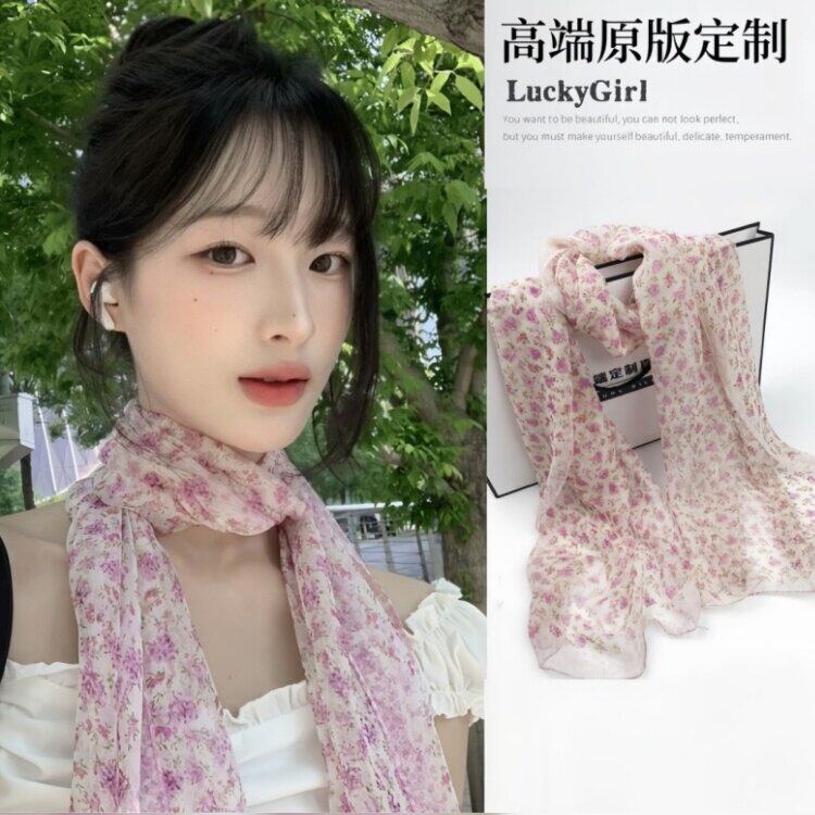 夏季防晒乔其纱碎花长款丝巾