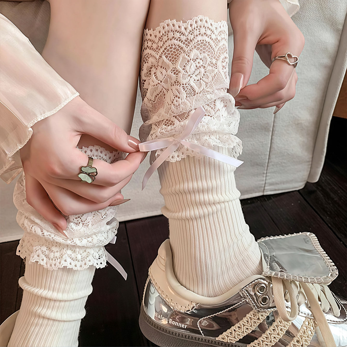 甜美蕾丝蝴蝶结堆堆中筒袜女四季
