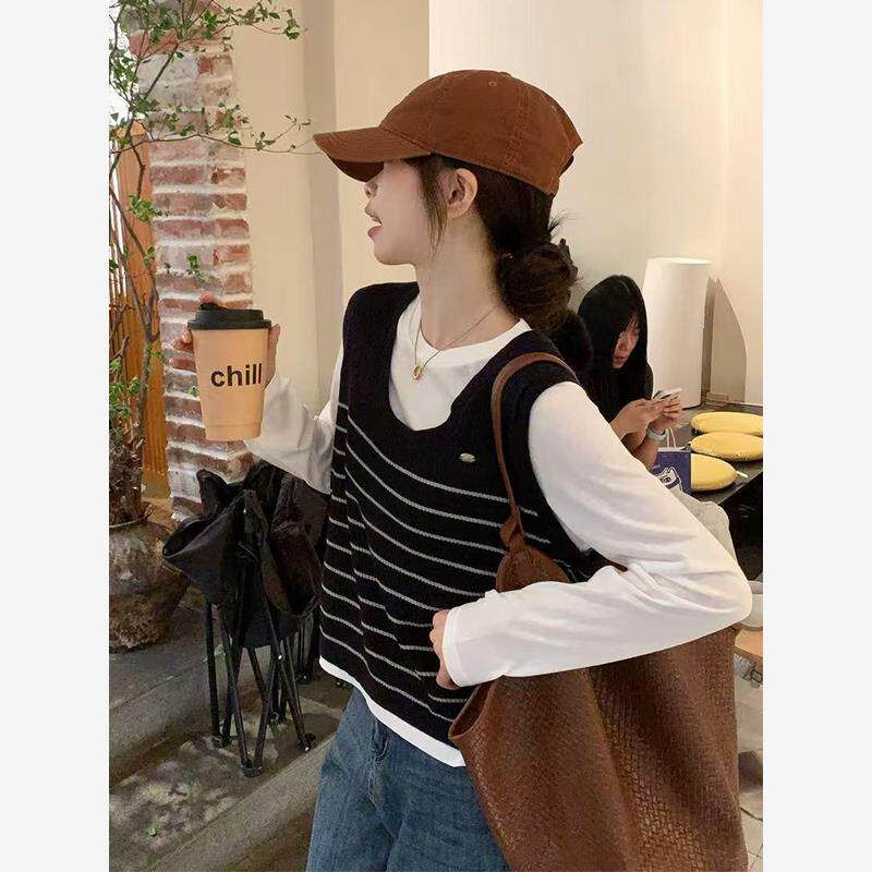 韩系早秋氛围感穿搭一整套撞色条纹针织马甲背心叠穿上衣两件套装