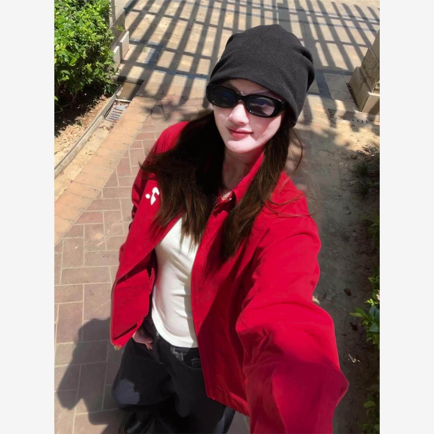 美式覆古红色棒球服外套女春秋2025新款巨好看早秋季开衫夹克上衣