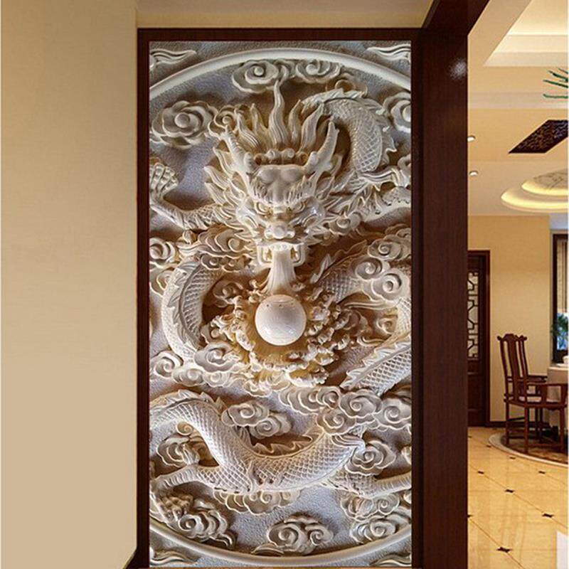 8d立体浮雕背景墙壁纸3d玉雕龙玄关墙纸定作龙纹图案大型装饰壁画