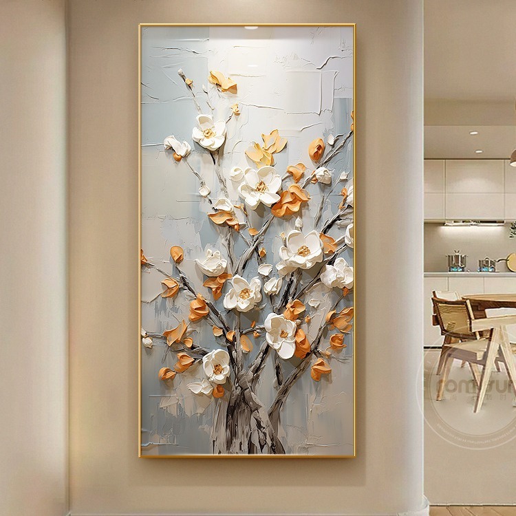 发财树进门玄关装饰画法式复古走廊尽头壁画奶油风客厅背景墙挂画图片