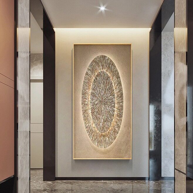 跨境纯手工贝壳玄关油画轻奢实物装饰画客厅走廊过道LED灯画