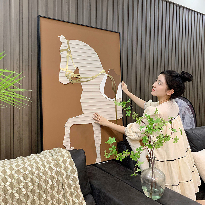 现代轻奢客厅装饰画沙发背景墙壁画实物装置画玄关立体挂画马图片